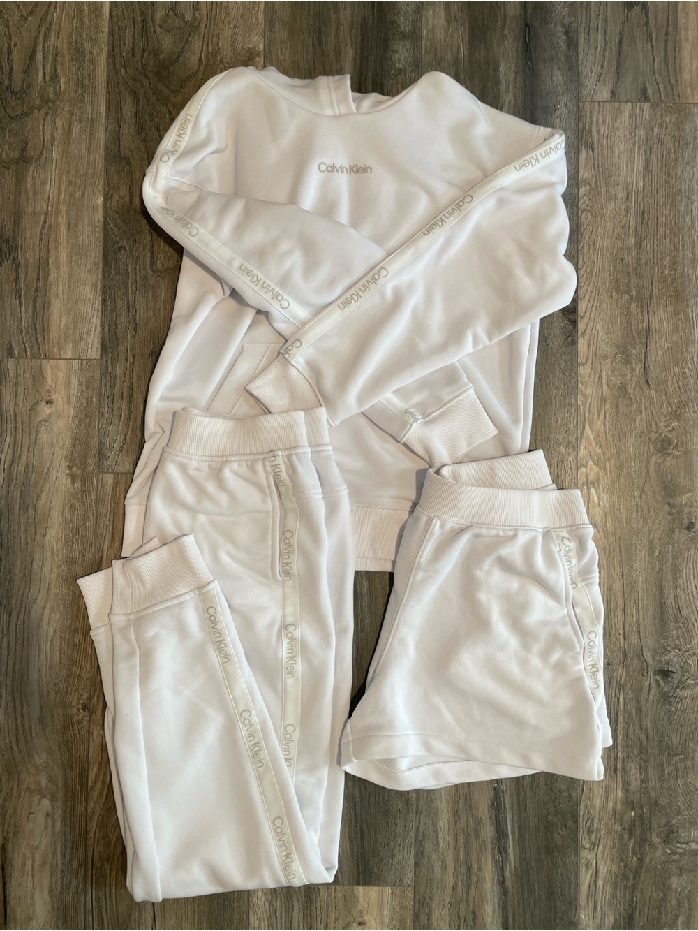 Calvin Klein White Three-Piece Lounge Set — Sweatshirt, Joggers & Shorts